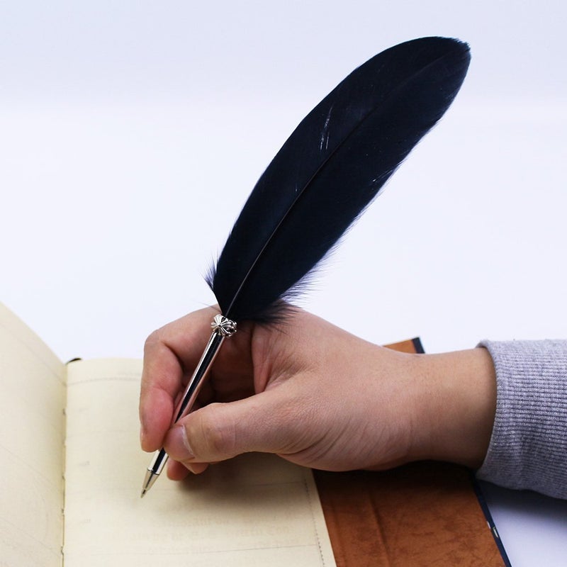 OPENDGO Feather Ballpoint Pen ï¼ŒBlack Ink Vintage Feather Quill Refined Plated Rod Quill Ballpoint Pen For School Writing â–Wedding Gift Signature Pen (Black) - Image 2
